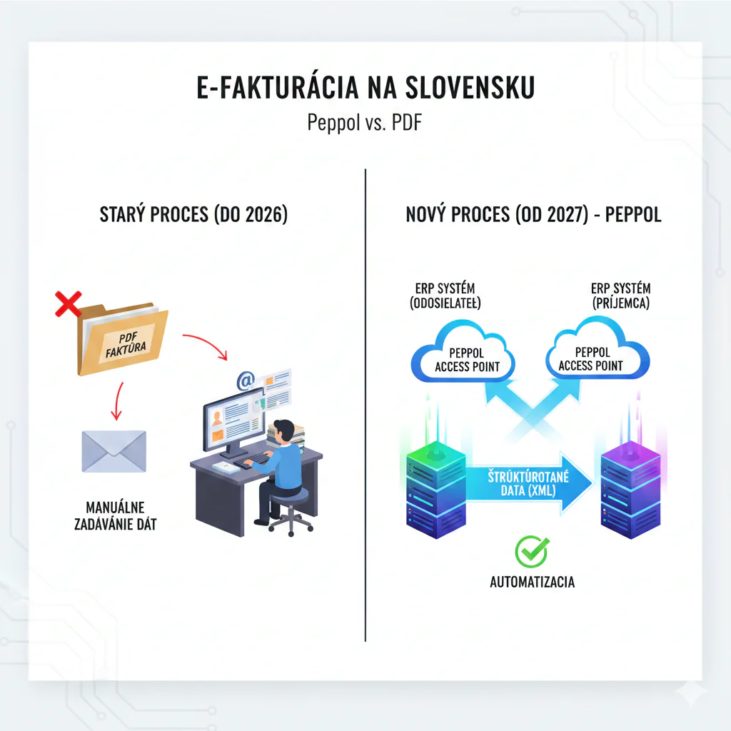 Grafické porovnanie výhod fakturácie cez sieť Peppol oproti formátu PDF.